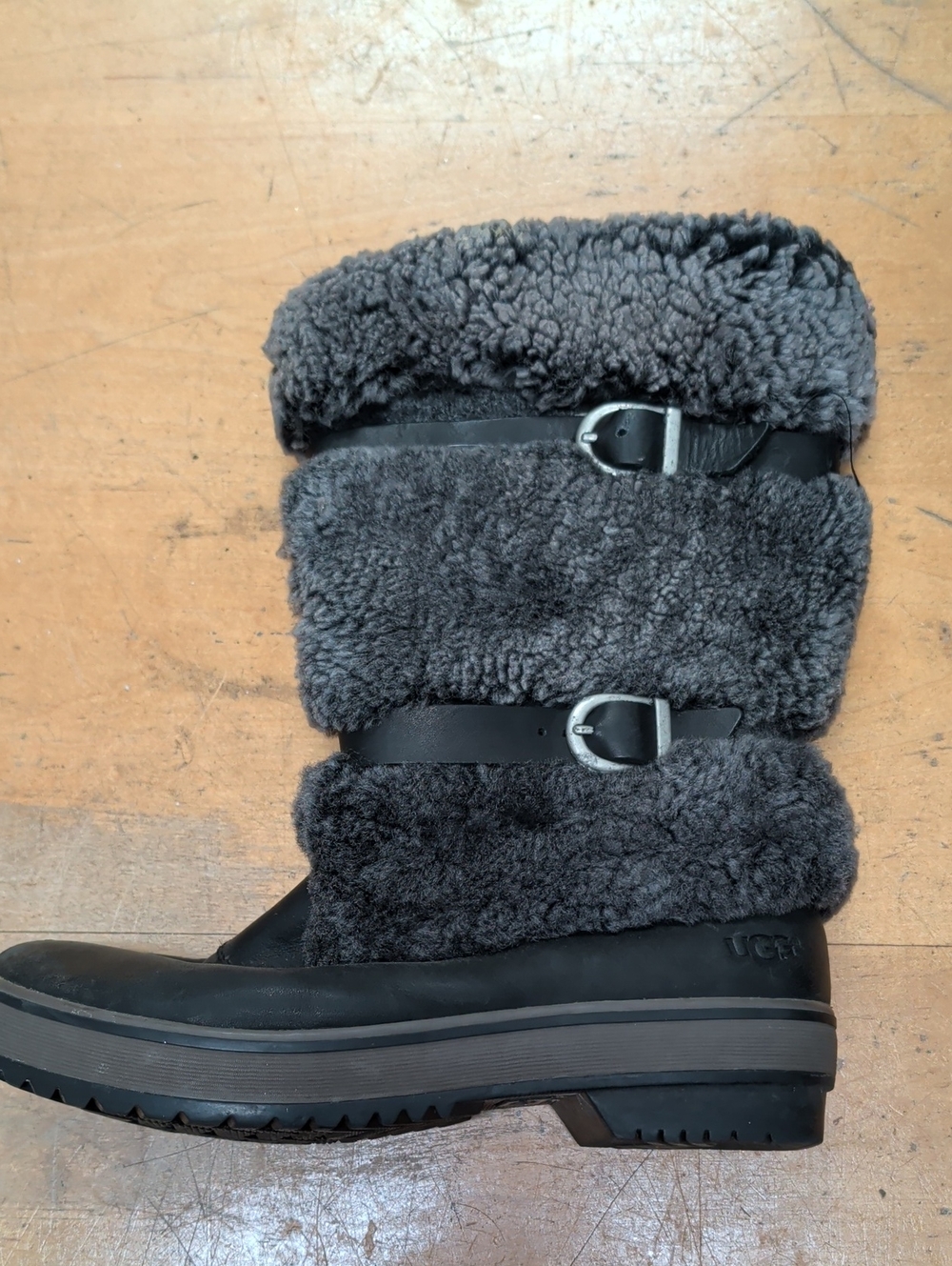 UGG Gray Shearling Buckle Mid-Calf Winter Boots